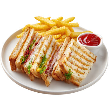 Grilled club sandwich with fries and ketchup