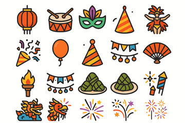 Colorful festival icons: lanterns, masks, costumes, fireworks celebrations