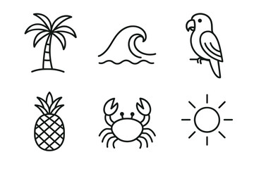 Tropical icons collection: palm tree, wave, parrot, pineapple, crab, sun designs