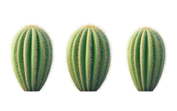 Three barrel cacti with spines isolated against a black background
