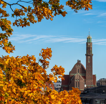 Engelbrekt Church in Stockholm Framed by Golden Autumn Leaves