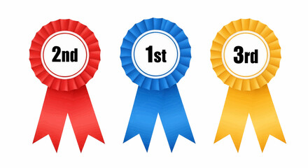 Detailed set of 1st, 2nd, and 3rd place award ribbons with rosettes for winners, a competition prize vector illustration