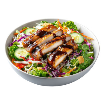A fresh bowl of salad topped with glazed chicken and vegetables