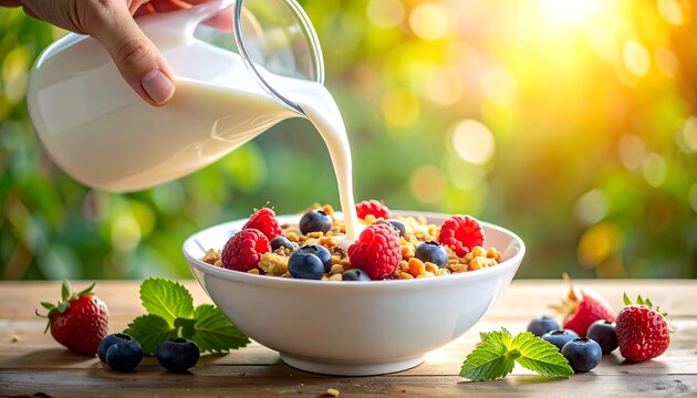 A hand pours a stream of milk into a bowl of granola and fresh berries atop a wooden surface, with sunlight illuminating a blurred green background - Powered by Adobe