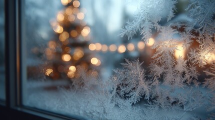 Frosted window with Christmas tree lights blur