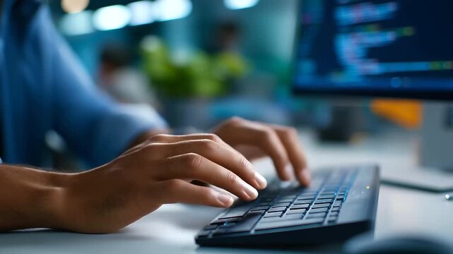 A close up of an engineer coding with AI language model assistance on a generic code editor typing on an PC screens showing LLM suggestions a modern office with code printouts