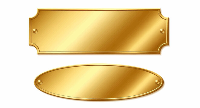 Luxury gold metal plates, elegant oval and rectangular plaques with rivets, isolated vector illustration