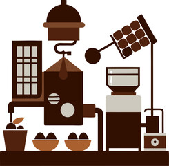 Chocolate factory machine producing bars, truffles, and drinks Silhouette black , white background 