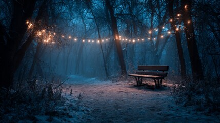 Twilight scene with bench in snowy woods