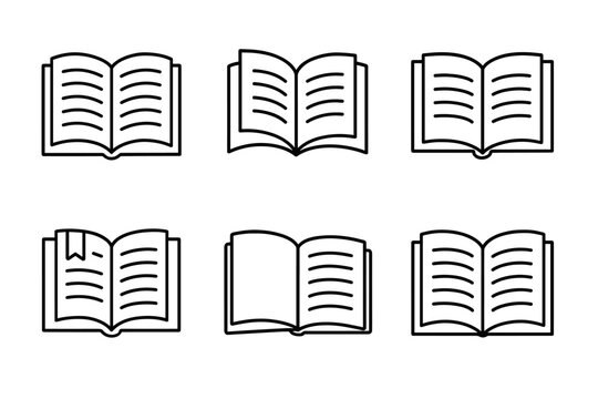 Set of six open book icons with diverse layouts and designs