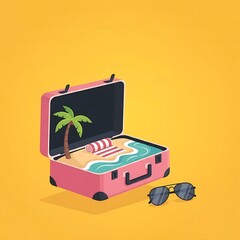 Suitcase Whimsical Illustration Travel Beach Vacation Concept on Yellow Background