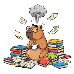 Capybara Cartoon Stress Study Books Illustration with Coffee and Papers on White Background