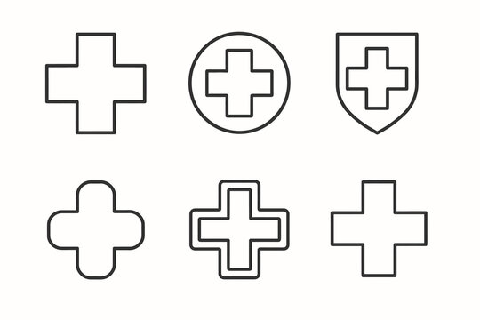 Minimalist medical cross icons set in various styles and frames