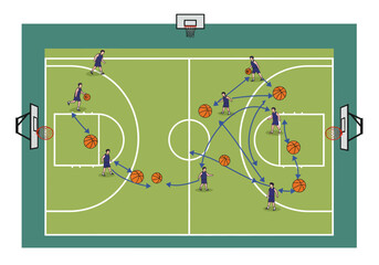 Basketball Court Diagram with Players and Ball Movement Arrows.