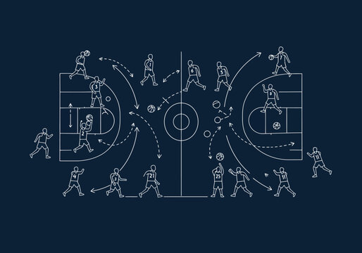 Basketball Play Diagram with Players and Arrows on Court.