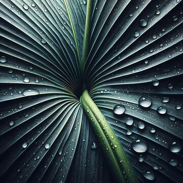 Exotic Fan Leaf with Raindrops Macro Shot 