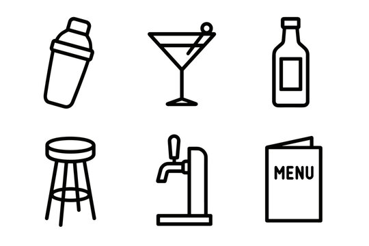 Bar icons: cocktail shaker, martini glass, bottle, bar stool, tap, menu
