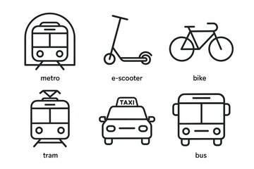 Line icons of urban transportation: metro, e-scooter, bike, tram, taxi, bus