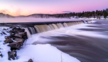 A long exposure showcases water cascading over a dam, amidst a snowy landscape at dusk. A misty haze appears in the distance