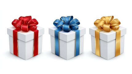Obraz premium Three elegantly wrapped gift boxes in vibrant colors, each tied with a luxurious ribbon, present an array of festive possibilities for a special occasion.
