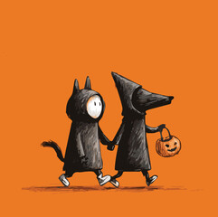 Obraz premium Cute Halloween cartoon characters walking together, fun modern art mascot illustration with pumpkin, werewolf and grim reaper