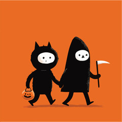 Cute Halloween cartoon characters walking together, fun modern art mascot illustration with pumpkin, werewolf and grim reaper