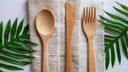 Natural wooden utensils rest on a beige linen napkin, accented by lush green foliage, creating a serene and eco-friendly table setting.