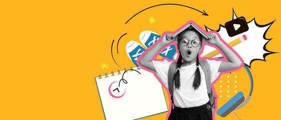 A cheerful girl with glasses expresses excitement in a lively collage. The background showcases colorful school supplies and a calendar, creating an energetic learning atmosphere.