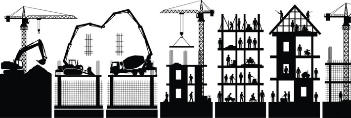 Building construction process, excavation, foundation, structural framework, multi-story development, crane work, workers, roofing, silhouette illustration, 