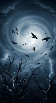 Stormy night sky with crows flying over barren trees.
