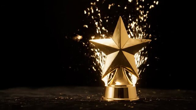 Golden Star Trophy with Sparkling Effects - A gleaming gold star trophy stands prominently against a dark background, accompanied by sparkling visual effects.