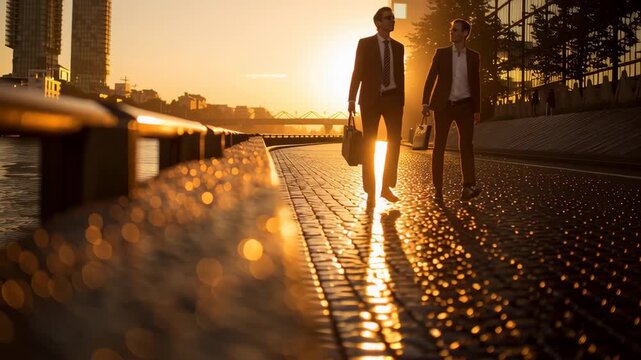 Two business partners walking and talking along the river at sunset