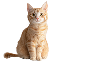 Orange tabby cat sits alertly, looking forward, against a black backdrop