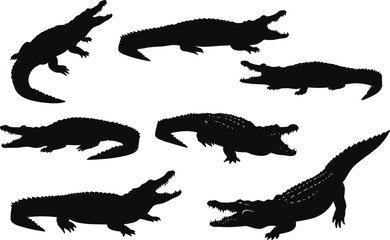 Crocodile silhouette vector set, wild reptile illustration, animal poses collection, black crocodile shapes, wildlife design elements, predator graphic bundle