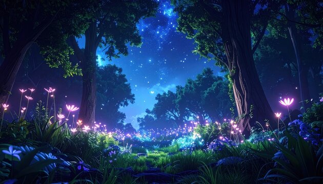 Enchanting nighttime forest bloom fantasy landscape magical environment serene viewpoint nature concept