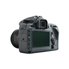 Back view of a DSLR camera with the lens attached against a black backdrop