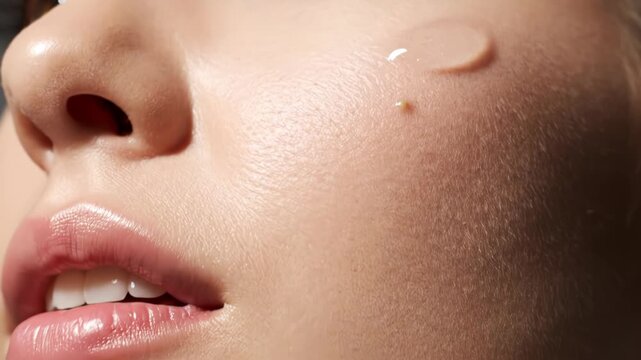 Extreme closeup of a womans eye and cheek with a drop of serum, highlighting skincare and beauty vector illustration