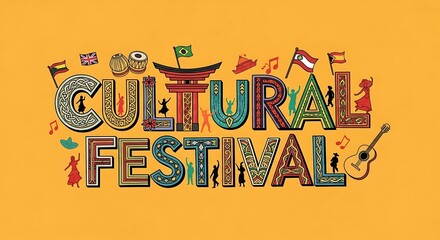 Vibrant cultural gathering illustration showcasing diversity, unity, and festive spirit with international elements on a bright backdrop design.