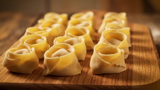 Close Up of Tortellini on Wooden Board, Italian Food Preparation