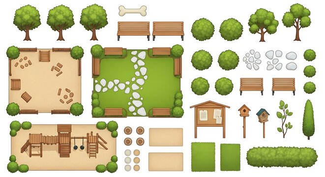 Collection of park elements including playground benches trees and dog bone bush