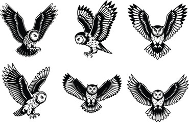 Flying owl silhouette set, dynamic bird illustration, black and white vector, wildlife tattoo design, expressive wings, nocturnal animal art, predator pose