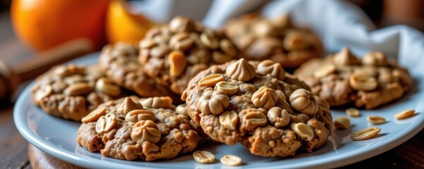 Obraz premium Warm spiced orange ginger oatmeal cookies, studded with crunchy oats and zesty citrus. Perfect for autumn, baking, festive
