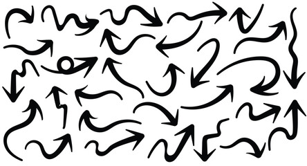 black hand drawn arrows collection in various directions, doodle sketch vector set, abstract navigation symbols pack