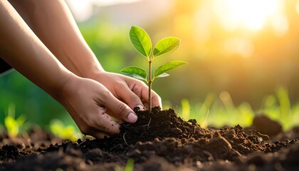 Person's hands carefully planting a small green seedling in soil