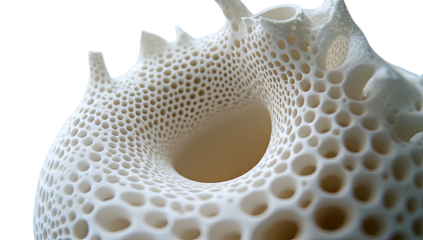 Porous, organic-looking, white, complex structure with many small holes