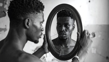 A man stares intently at his reflection in a cracked oval mirror. The monochrome photo highlights his face and physique