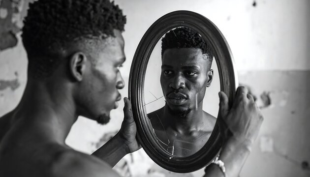A man stares intently at his reflection in a cracked oval mirror. The monochrome photo highlights his face and physique - Powered by Adobe