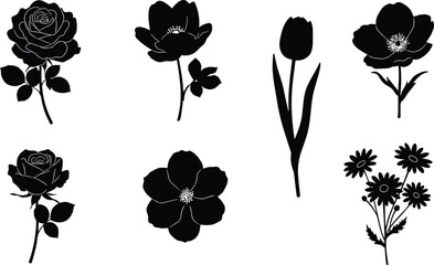 Black flower silhouette collection, rose, tulip, poppy, daisy, botanical vector illustration, floral clipart, decorative design, nature art, isolated blossoms