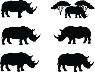 Rhinoceros silhouette collection, wildlife vector set, black rhino shapes, nature scene illustration, African animal graphics, editable design for stock content