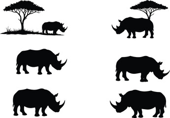 Rhinoceros silhouette vector set, wildlife animal poses, African safari tree scene, black rhino illustration, nature conservation, editable stock design elements